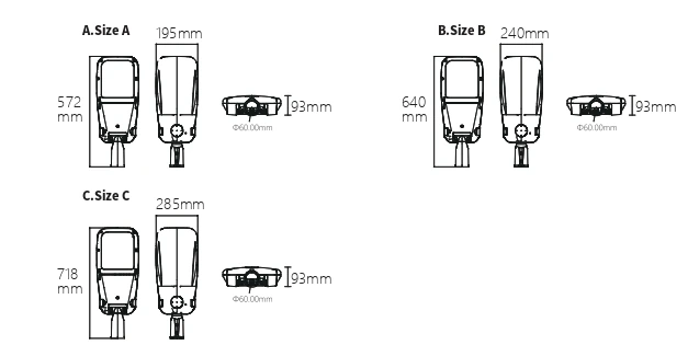 ASL30 – rozměry variant A až C